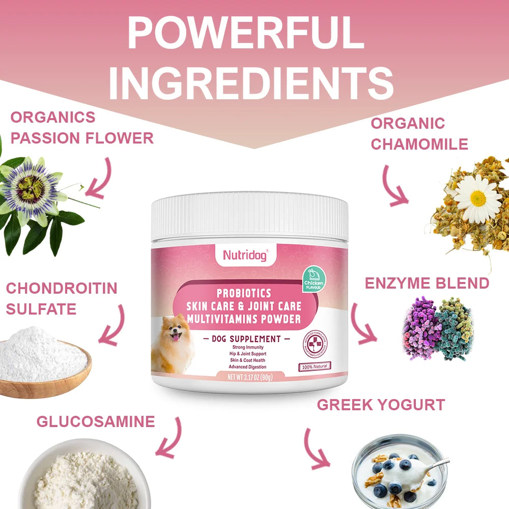 Multivitaminpulver für Hunde mit Probiotika, Glucosamin und Verdauungsenzymen, Immunsystem und Darm, unterstützt die Gelenkgesundheit